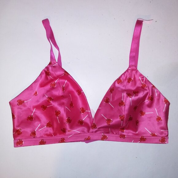 Victoria’s Secret Tease Bralette Bra Medium DD Pink Satin Lollipop Hearts Wirele - Picture 8 of 12